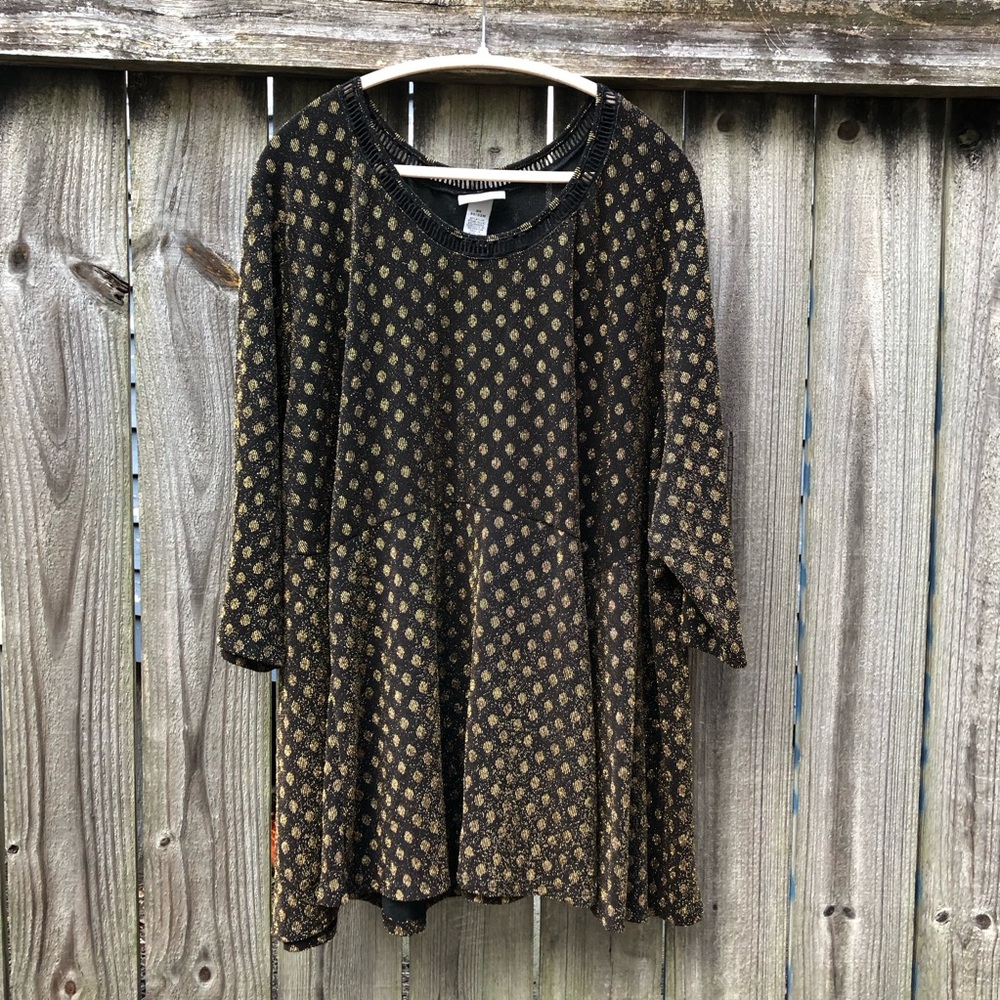 Catherines Metallic Gold & Black Babydoll Top Size 4X Lurex Polka Dot